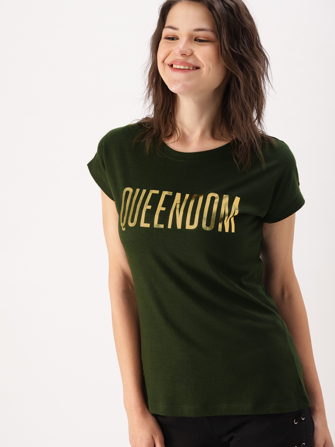 

DressBerry Women Olive Green Printed Round Neck T-shirt