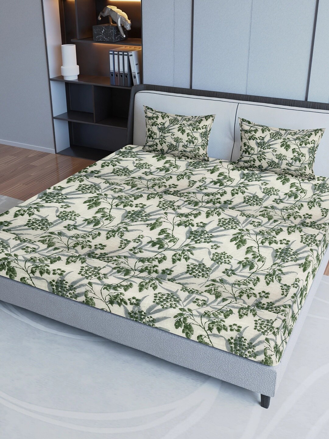 

Sangria Green Printed Cotton 200 GSM Fitted Queen Bedsheet With 2 Pillow Covers