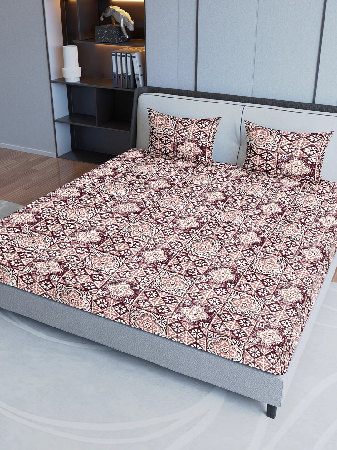 

Sangria Maroon Printed Cotton 200 GSM Fitted Queen Bedsheet With 2 Pillow Covers