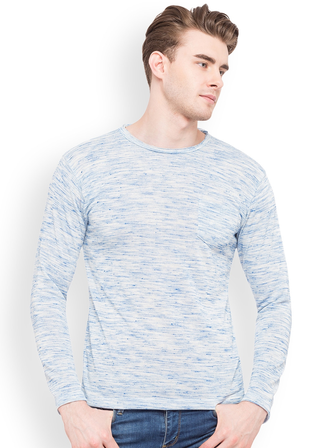 

Globus Men Blue Self Design Round Neck T-shirt