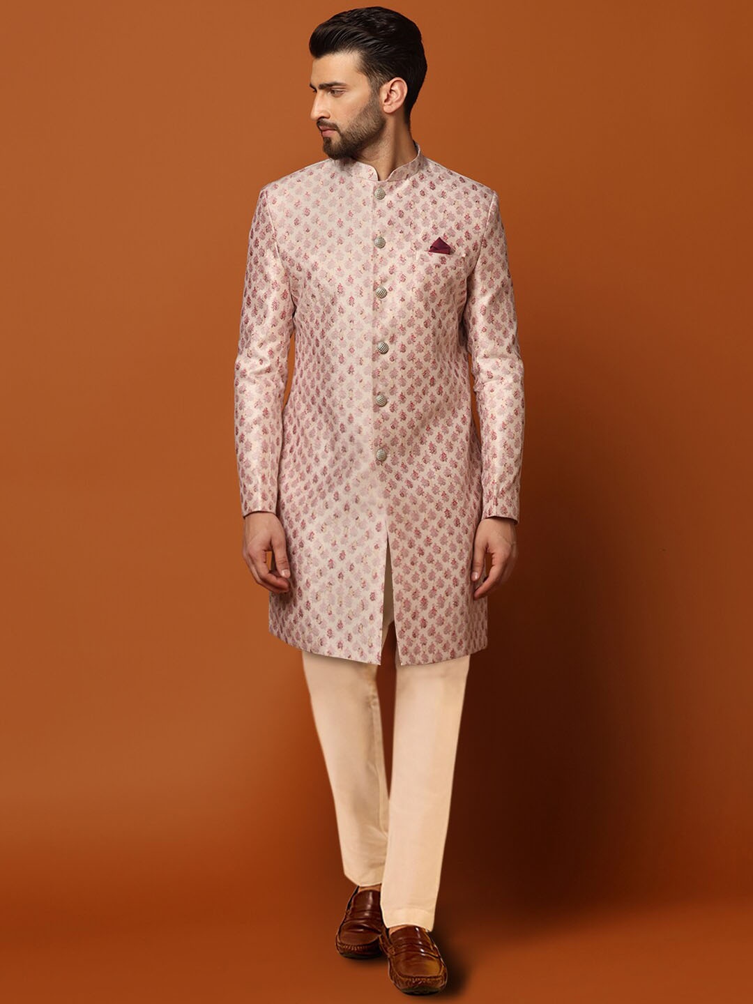 

KISAH Self Design Mandarin Collar Cotton Sherwani With Trouser Set, Pink