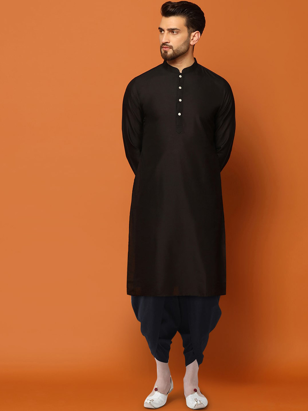 

KISAH Self-Design Kurta Dhoti Sherwani Set, Black
