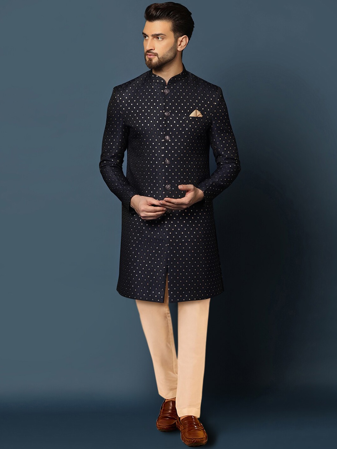 

KISAH Zari-Design Cotton Sherwani Trouser Set, Black