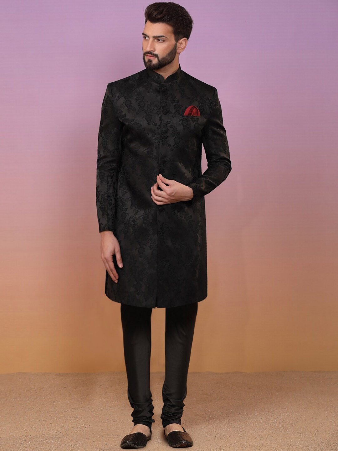 

KISAH Self-Design Sherwani Churidar Set, Black