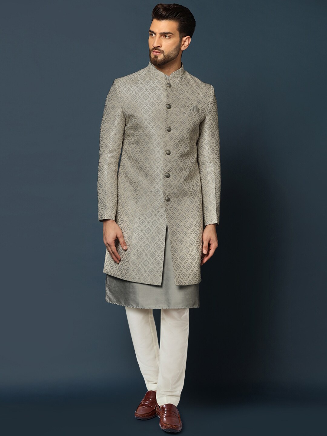 

KISAH Men Woven-Design Cotton Indowestern Sherwani Trouser Set, Grey