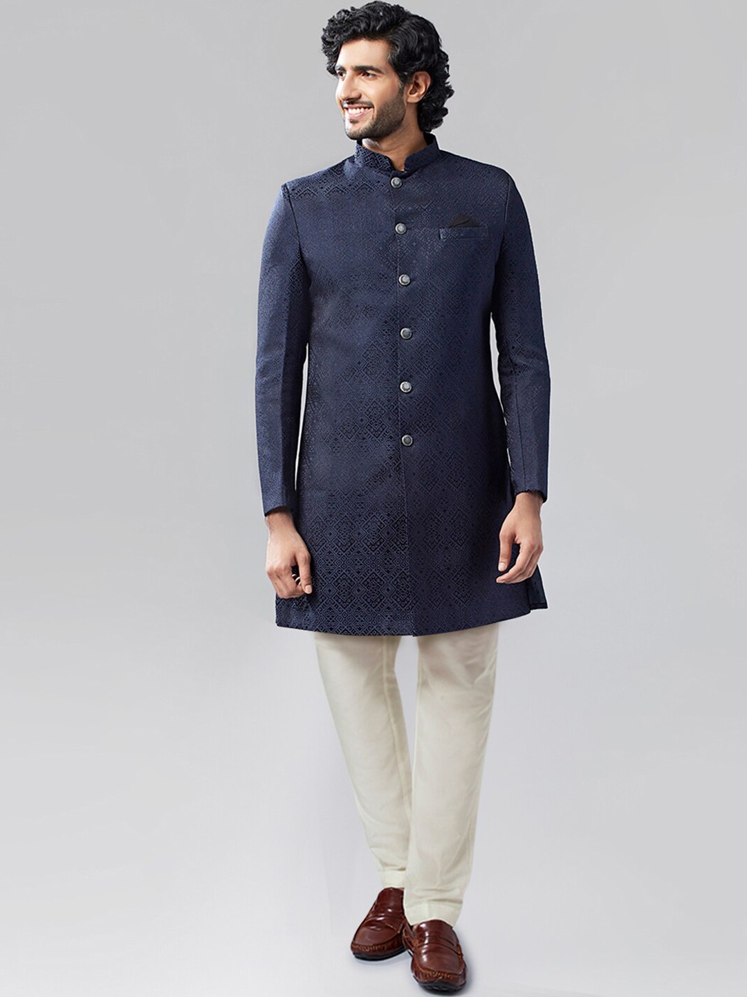 

KISAH Woven-Design Cotton Sherwani Churidar Set, Navy blue