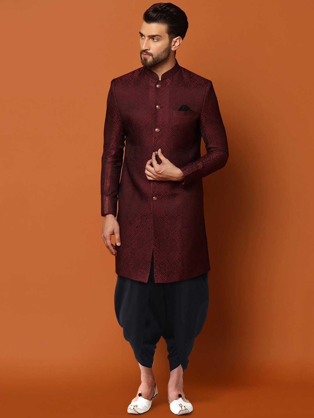 

KISAH Woven-Design Cotton Sherwani Dhoti Set, Maroon