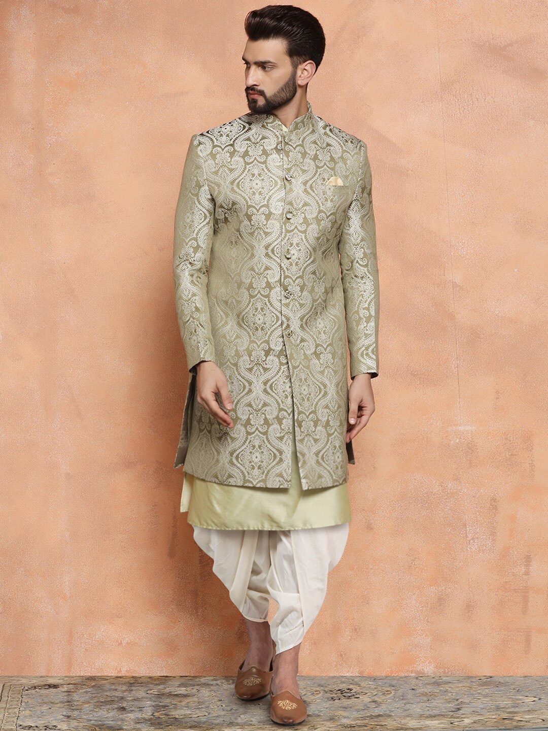 

KISAH Woven-Design Sherwani Dhoti Set, Olive