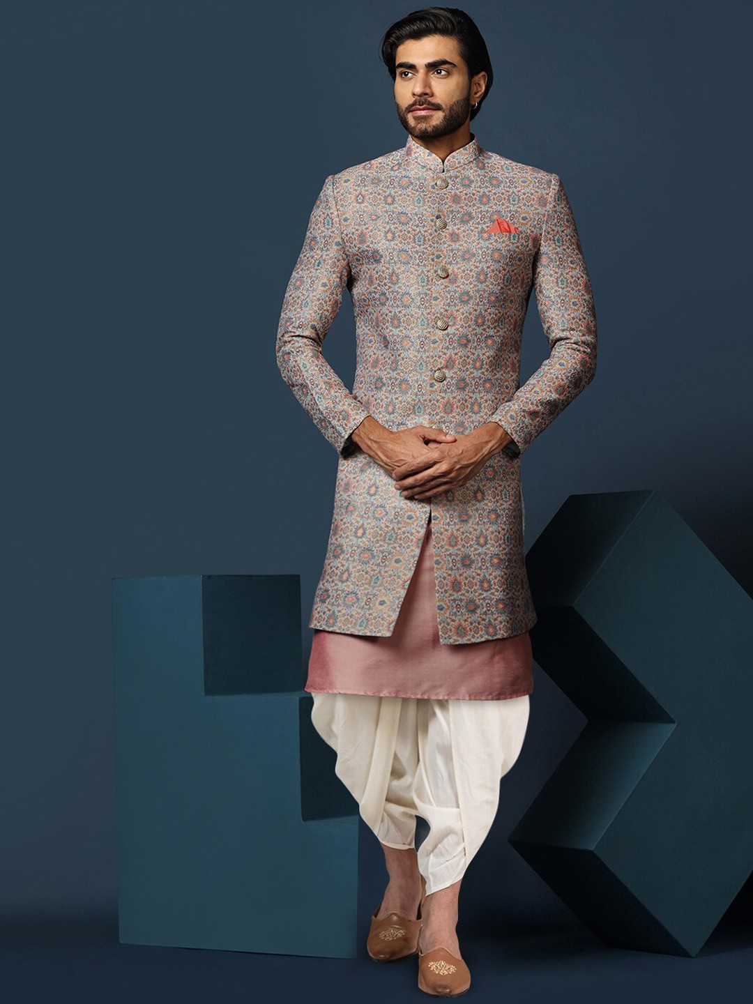 

KISAH Woven-Design Cotton Sherwani Dhoti Set, Grey