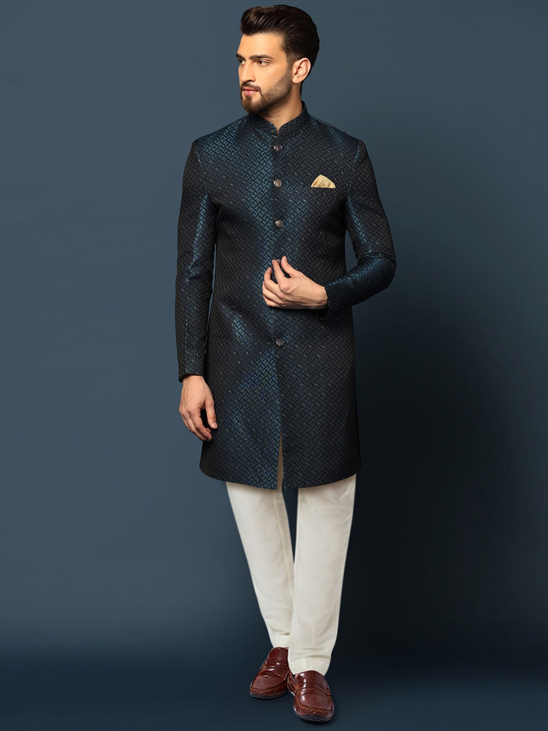 

KISAH Men Woven-Design Cotton Indowestern Sherwani Churidar Set, Navy blue
