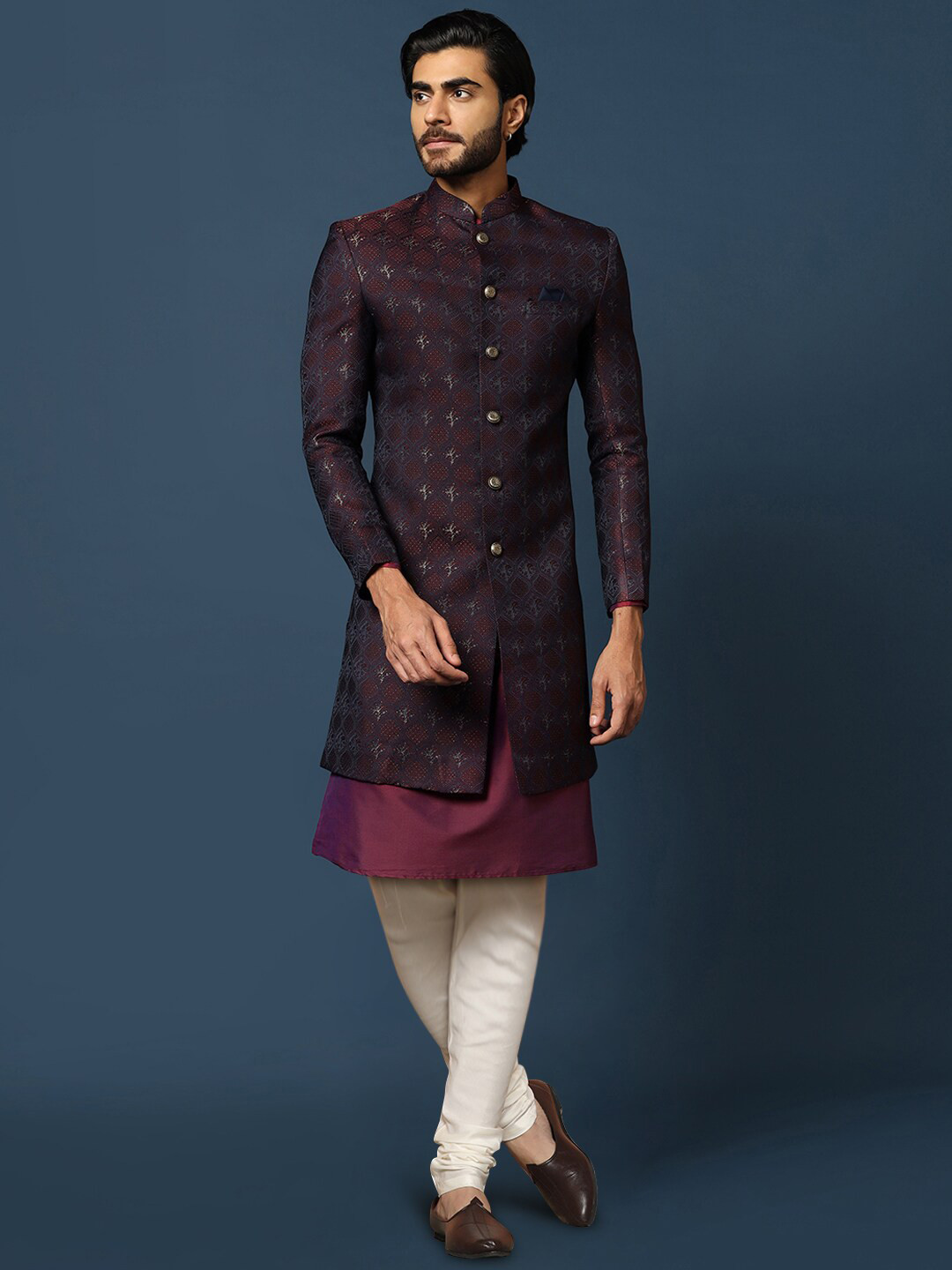 

KISAH Men Woven-Design Cotton Sherwani Churidar Set, Maroon