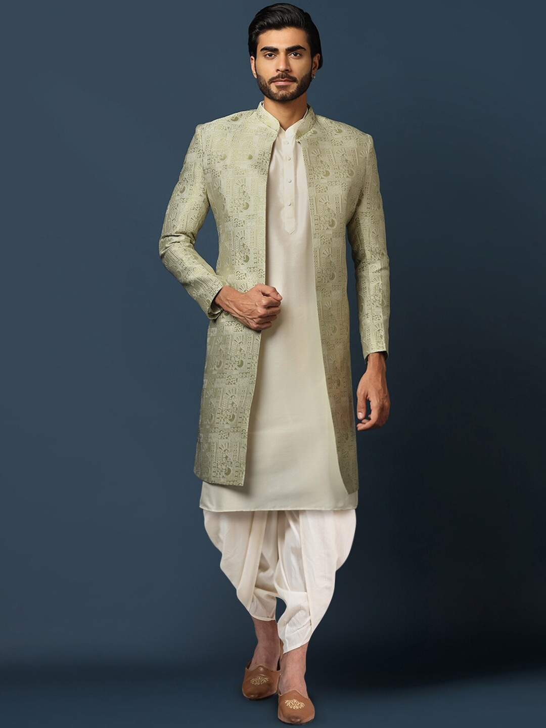 

KISAH Men Woven-Design Kurta Cotton Indowestern Sherwani Dhoti Set, Beige