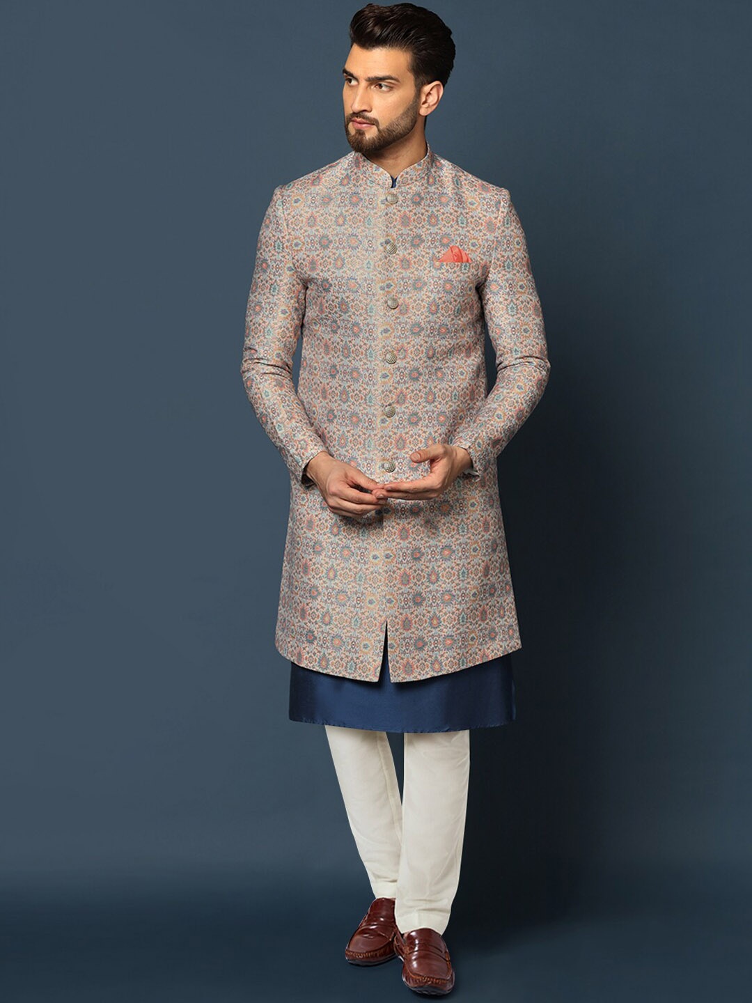 

KISAH Woven Design Cotton Sherwani Trouser Set, Grey