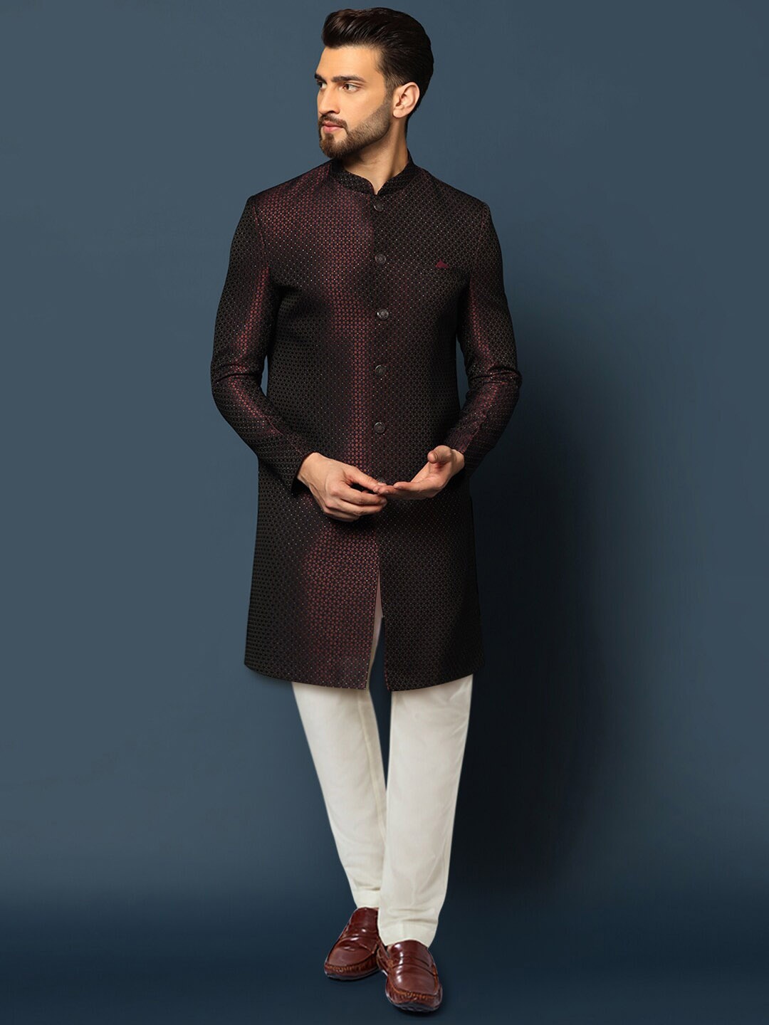 

KISAH Men Woven Design Cotton Indowestern Sherwani Churidar Set, Purple