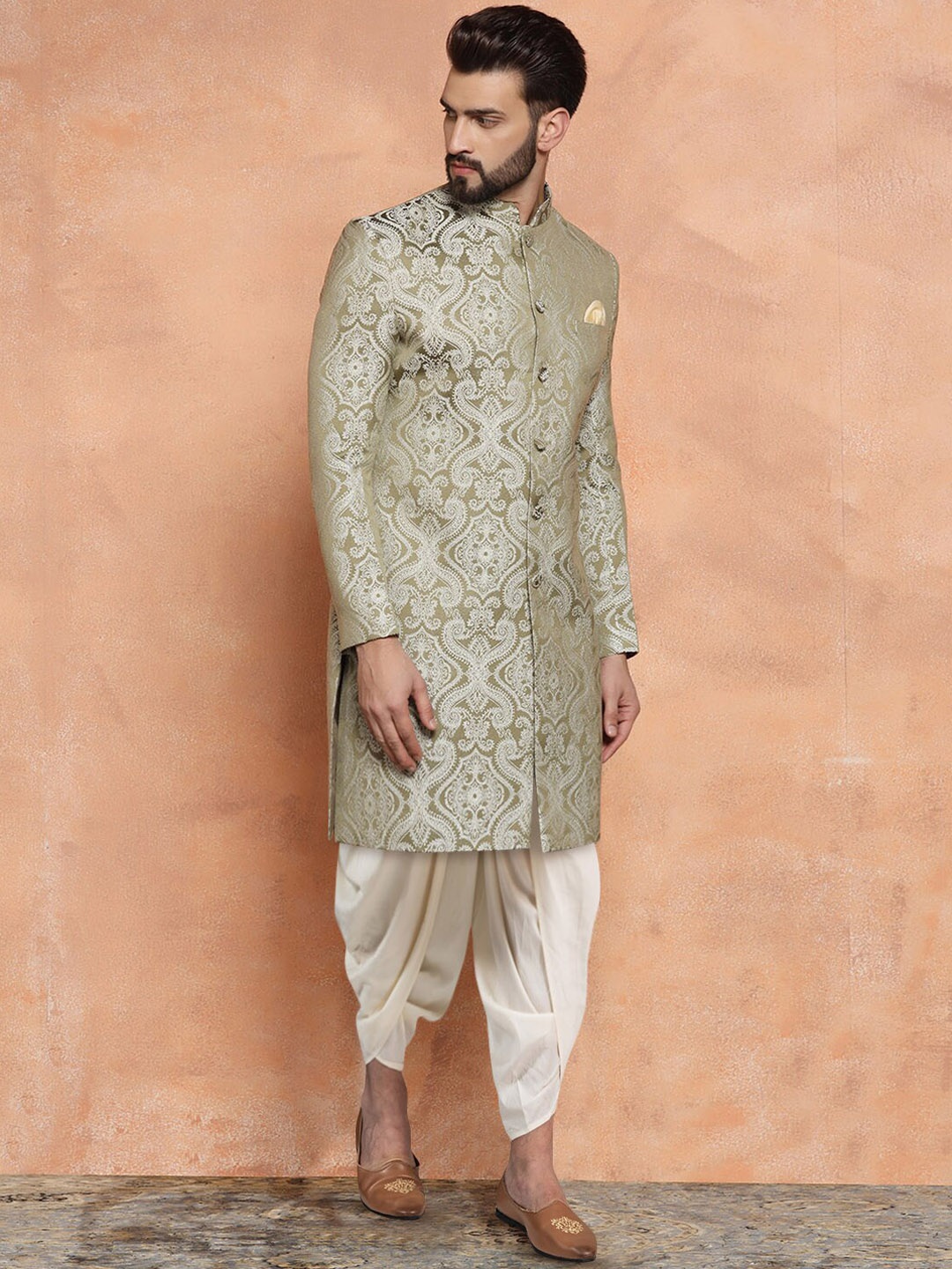 

KISAH Woven Design Sherwani and Dhoti Pants Set, Olive