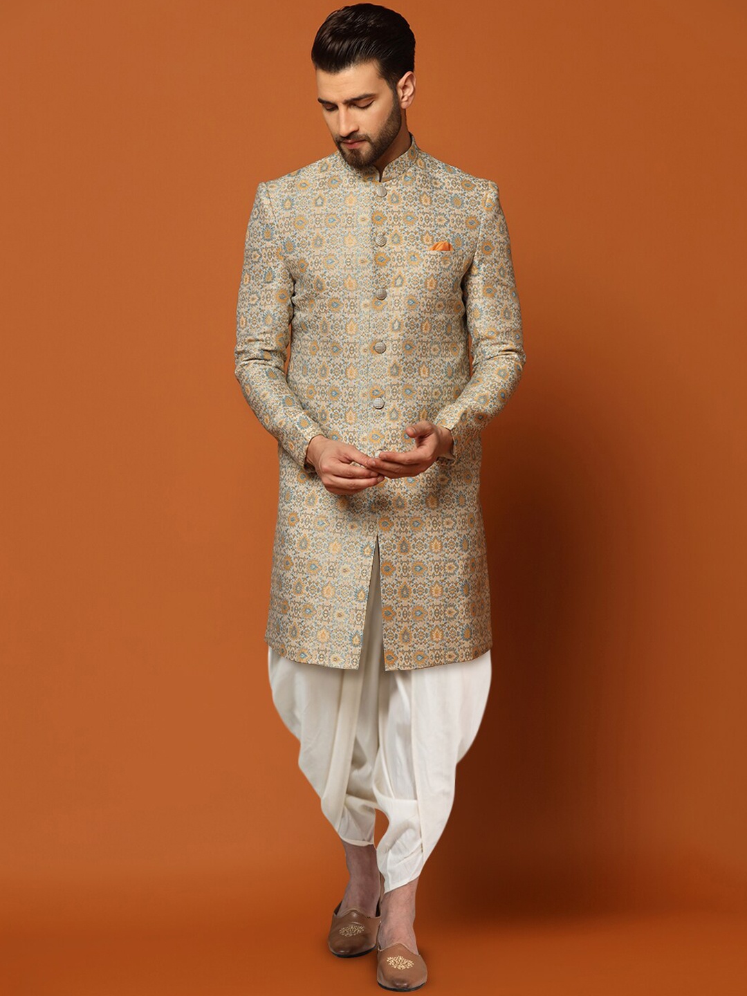 

KISAH Woven Design Cotton Sherwani Dhoti Pants Set, Grey