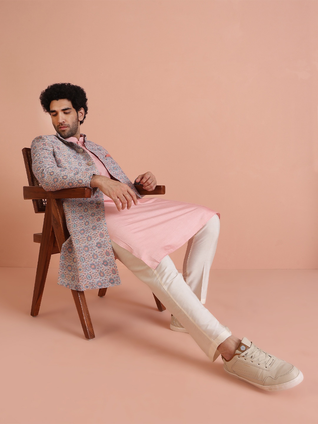 

KISAH Woven Design Cotton Sherwani Trouser Set, Grey