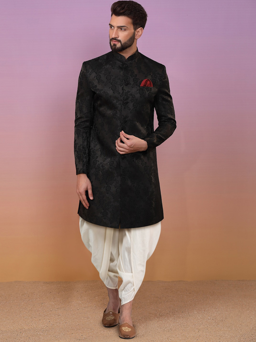 

KISAH Self Design Sherwani Dhoti Pants Set, Black