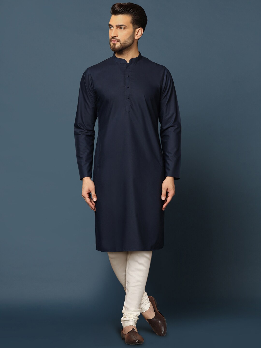 

KISAH Men Self Design Cotton Indowestern Sherwani Churidar Set, Navy blue