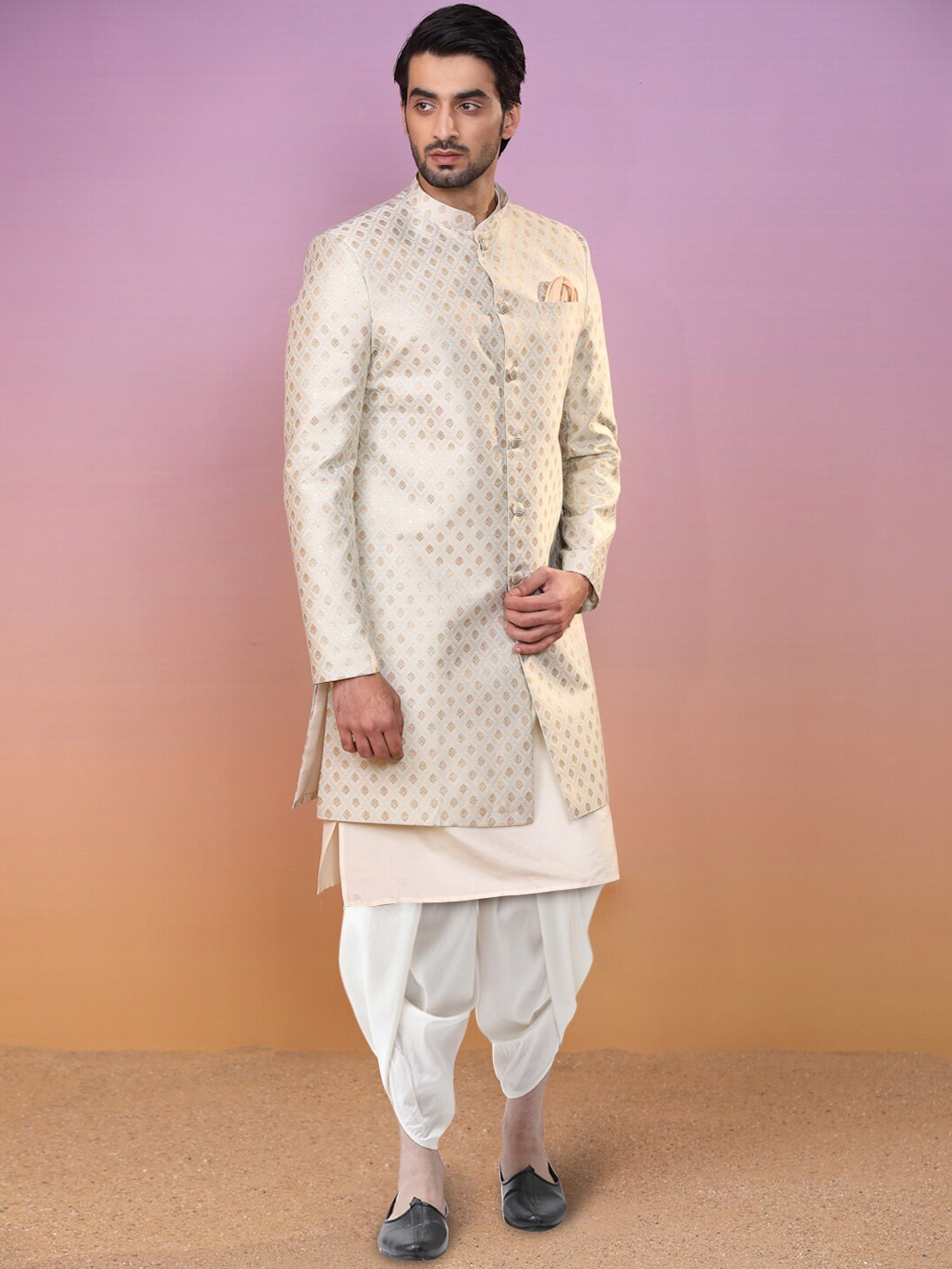 

KISAH Men Solid Kurta With Dhoti Pants & Long Woven Design Jacket Sherwani Set, Beige