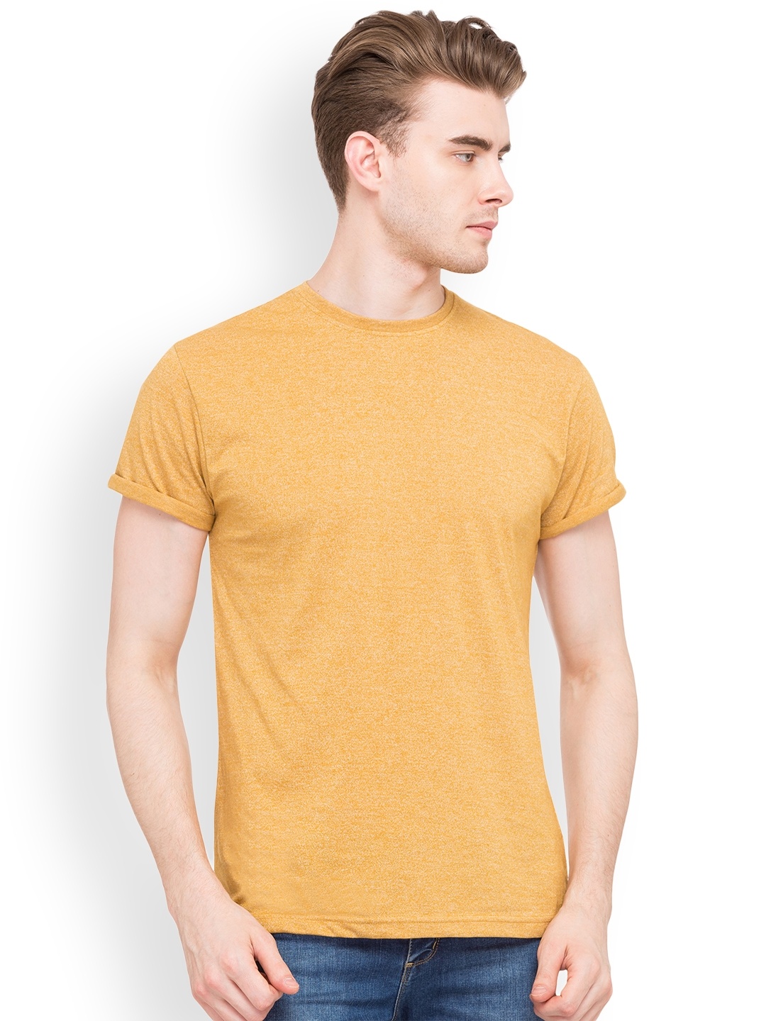 

Globus Men Mustard Self-Design Round Neck T-shirt