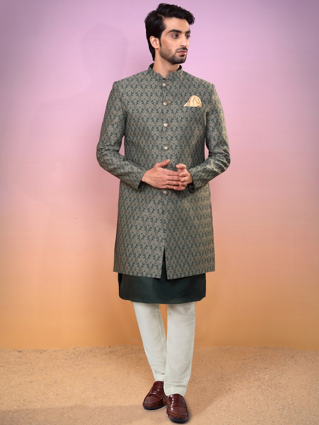 

KISAH Men Ethnic Motifs Woven Design Kurta Sherwani Trouser Set, Green