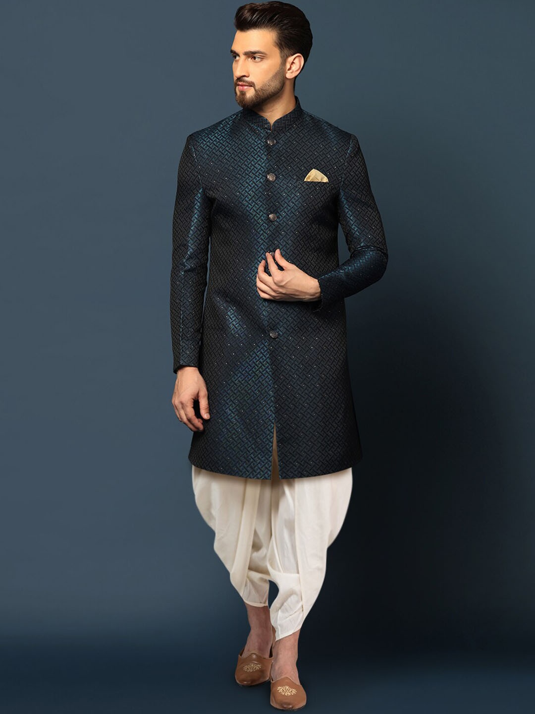 

KISAH Men Self-Design Cotton Indowestern Sherwani Dhoti Set, Navy blue