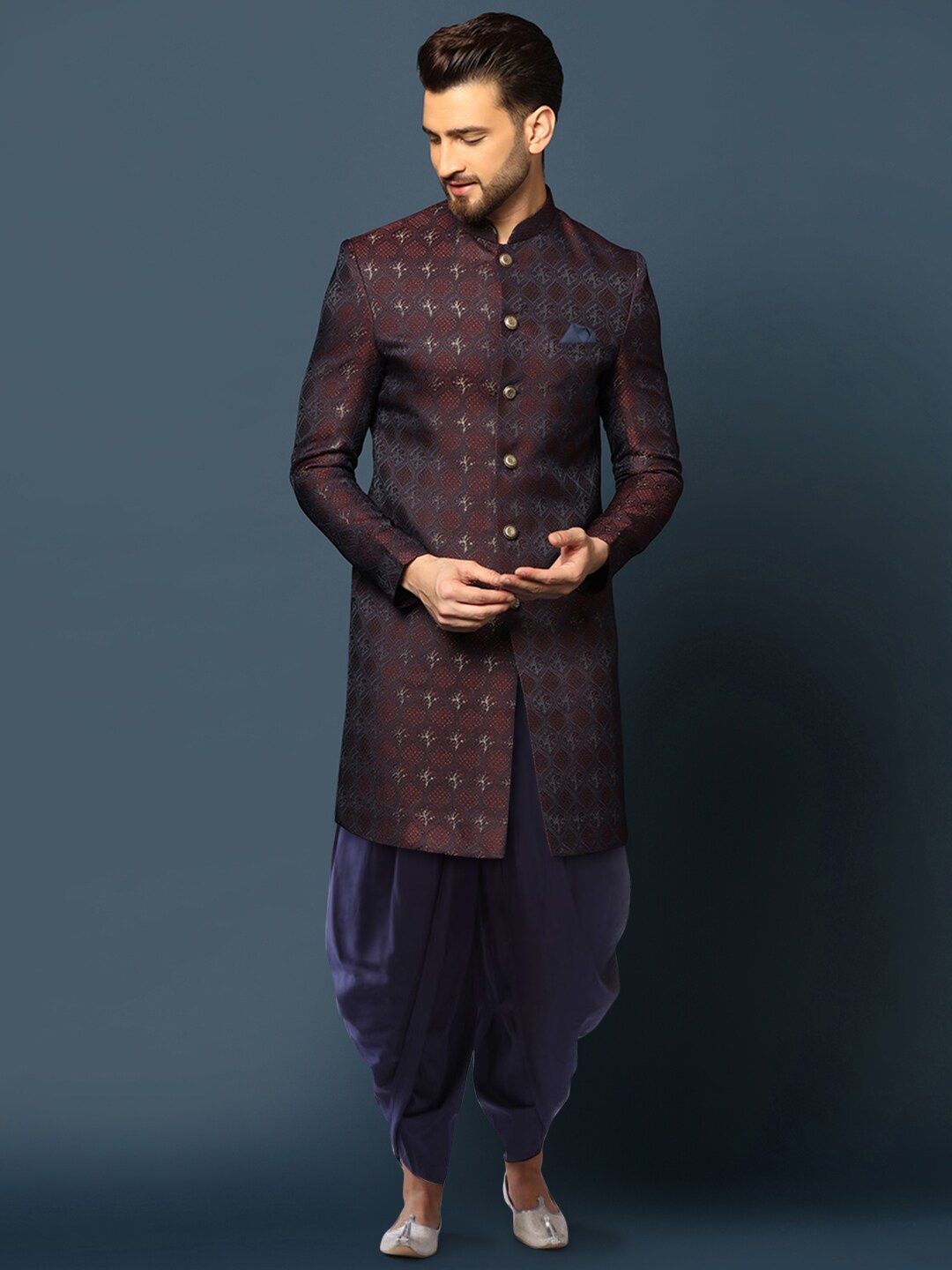 

KISAH Men Self-Design Cotton Indowestern Sherwani Dhoti Set, Purple