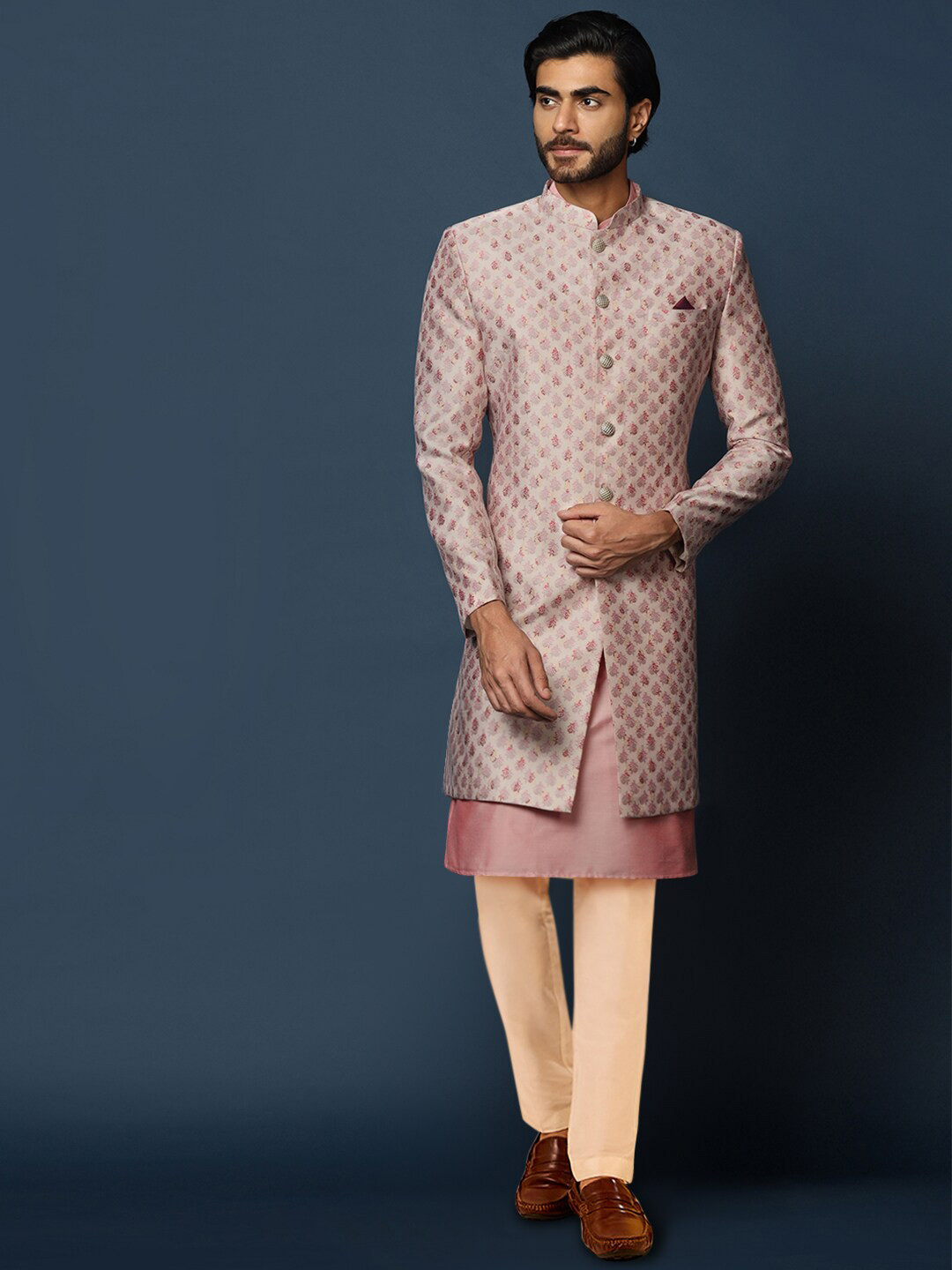 

KISAH Woven-Design Cotton Sherwani Trouser Set, Cream