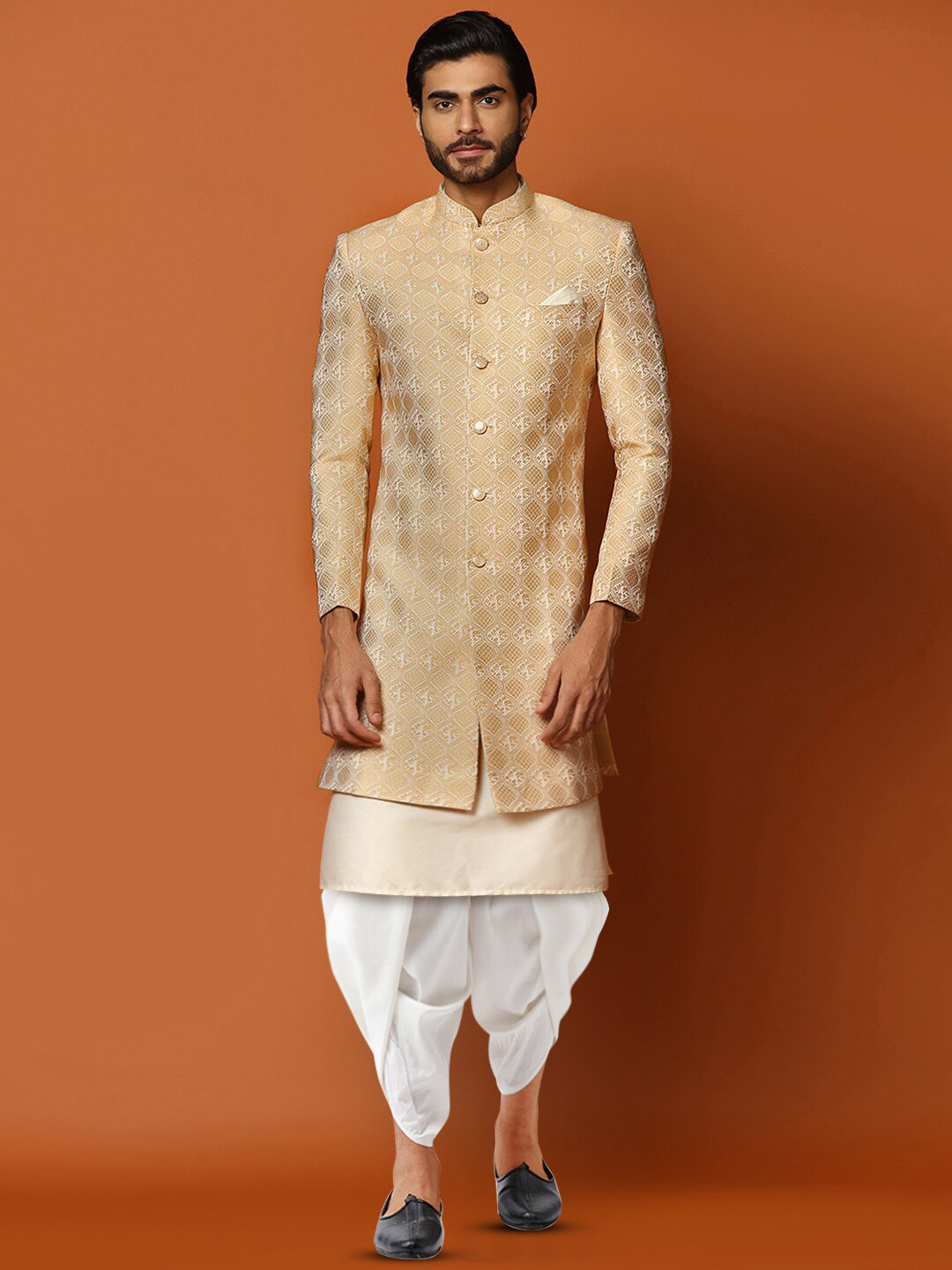 

KISAH Self-Design Cotton Sherwani Dhoti Set, Peach