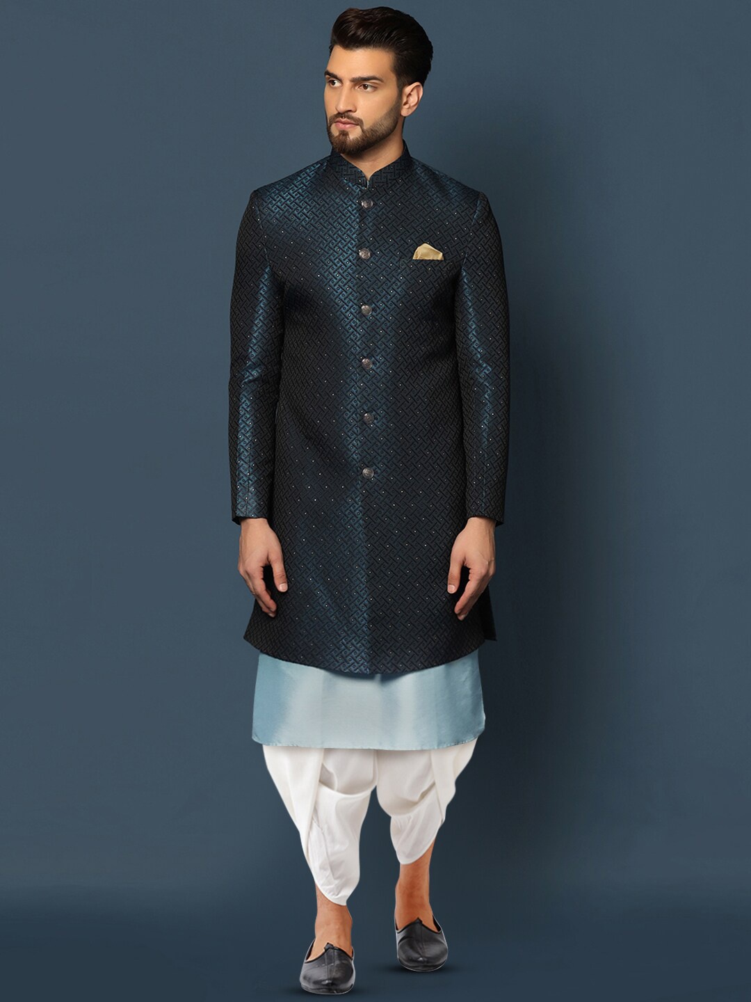 

KISAH Self Design Cotton Sherwani Dhoti Set, Navy blue