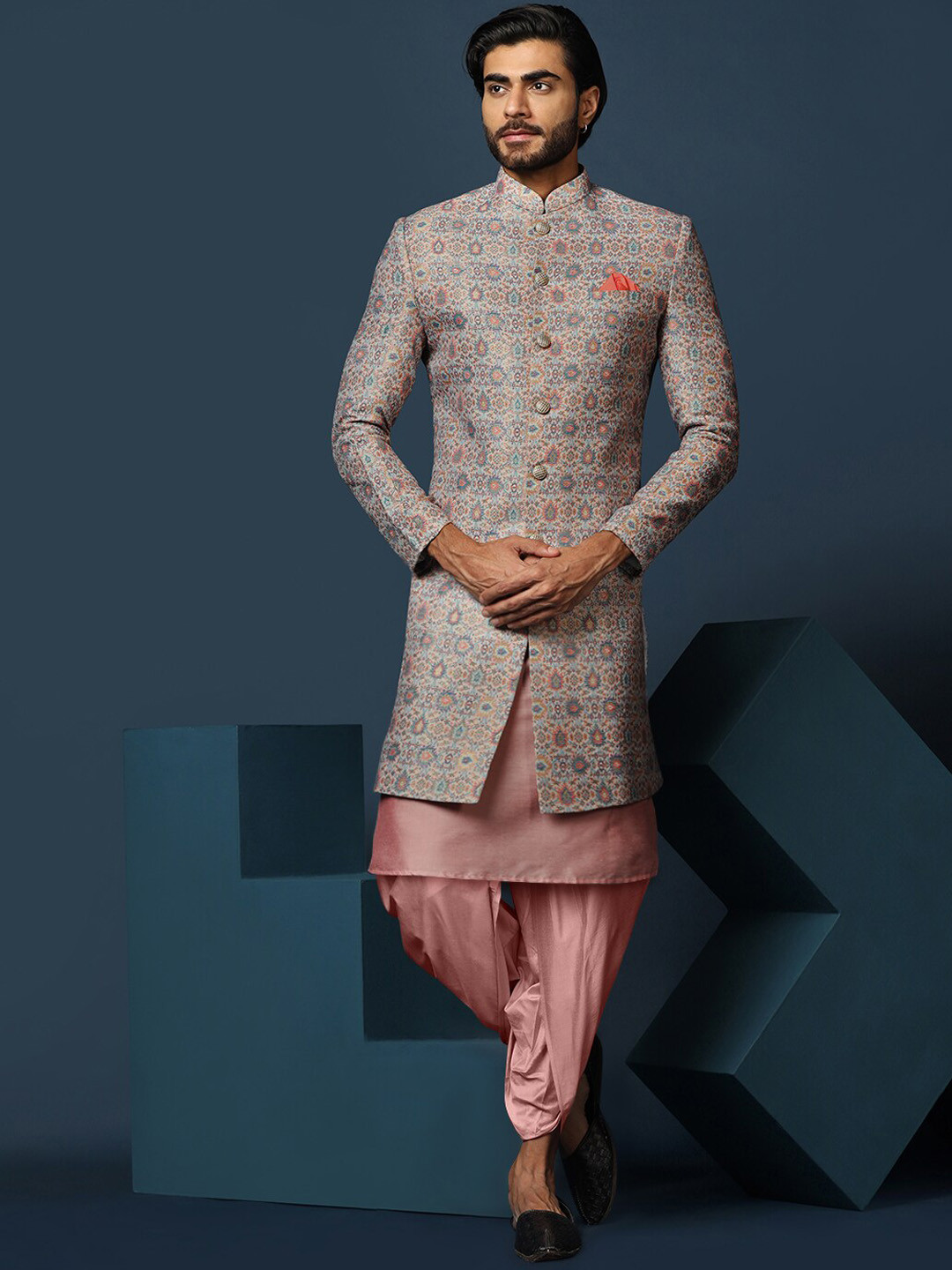 

KISAH Ethnic Motifs Woven Design Cotton Sherwani Dhoti Set, Grey