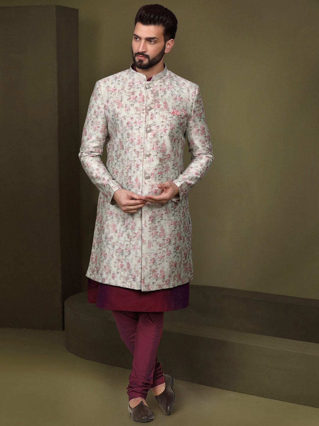 

KISAH Floral Woven Design Sherwani Churidar Set, Grey