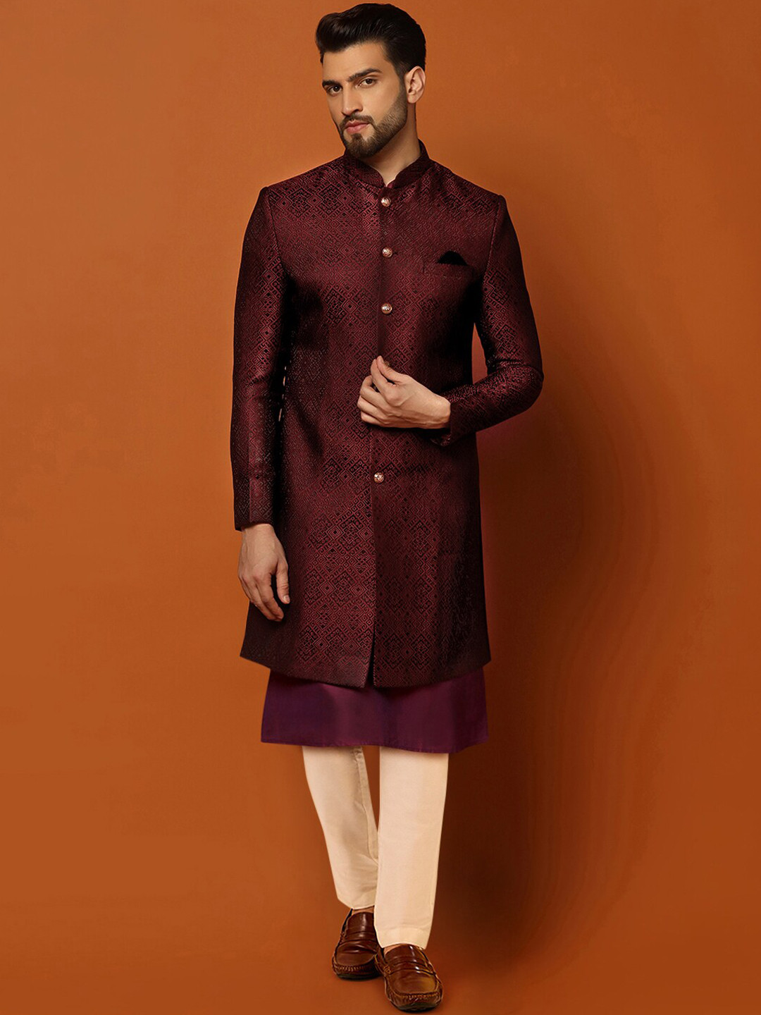 

KISAH Self Design Cotton Sherwani Trouser Set, Maroon