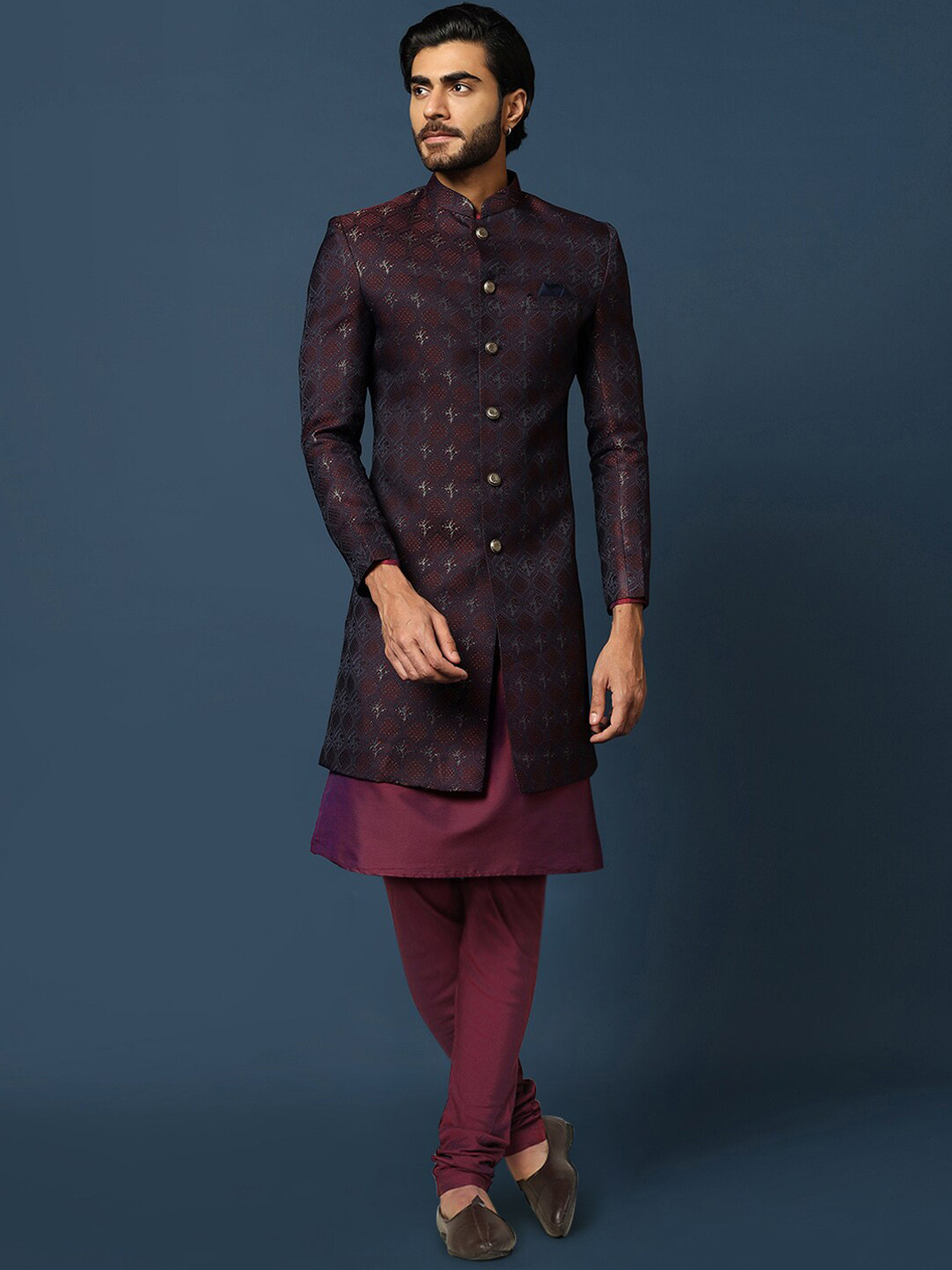 

KISAH Ethnic Motifs Self Design Cotton Sherwani Churidar Set, Maroon