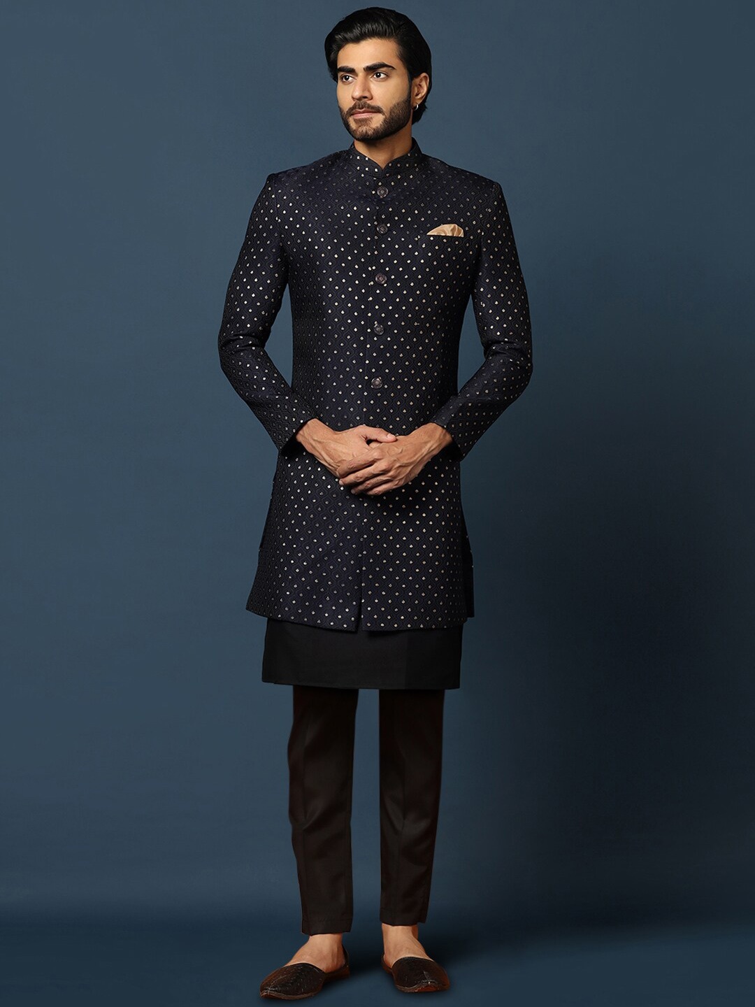 

KISAH Men Self Design Cotton Indowestern Sherwani Trouser Set, Navy blue
