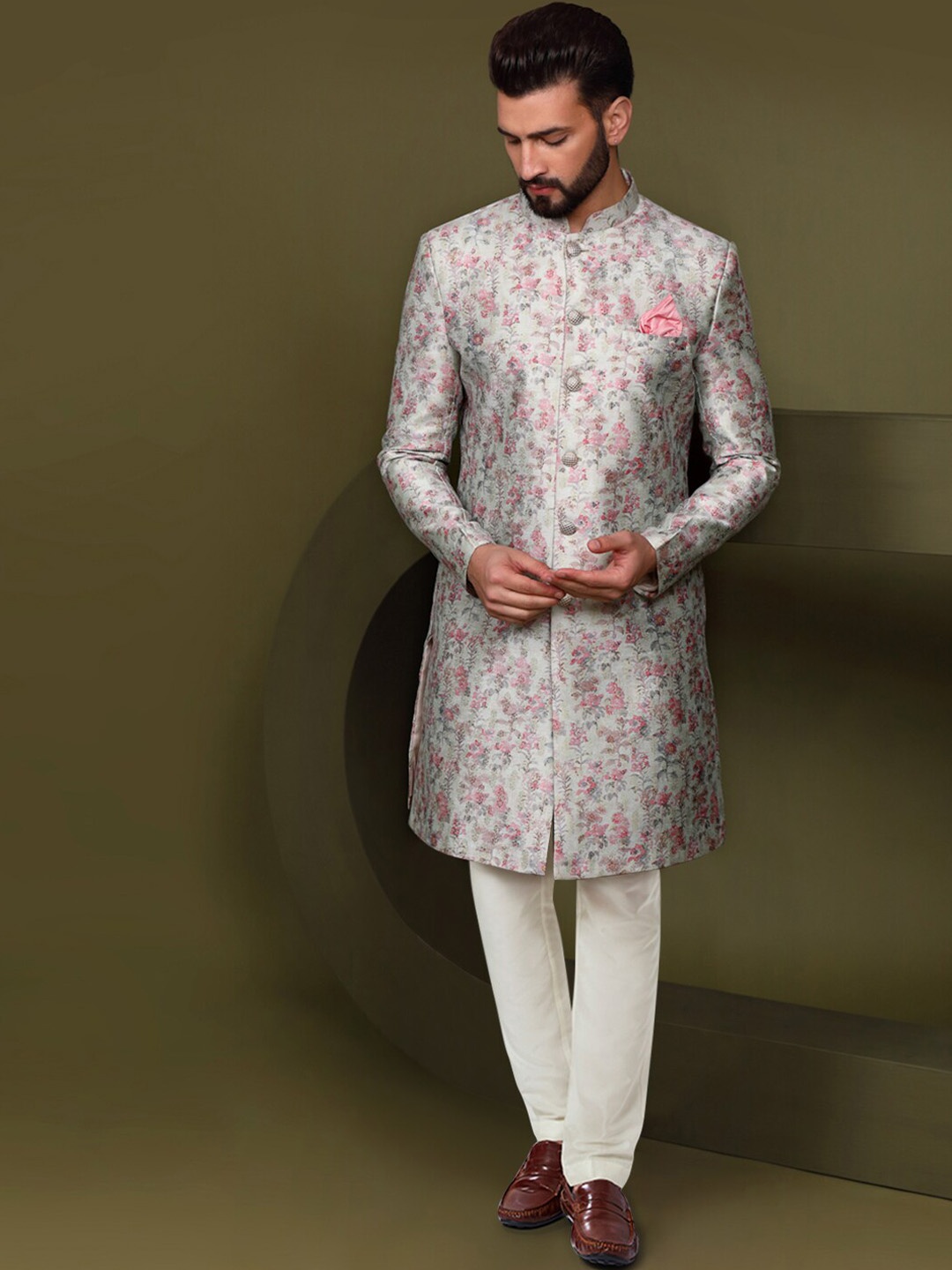 

KISAH Woven Design Cotton Sherwani Churidar Set, Grey