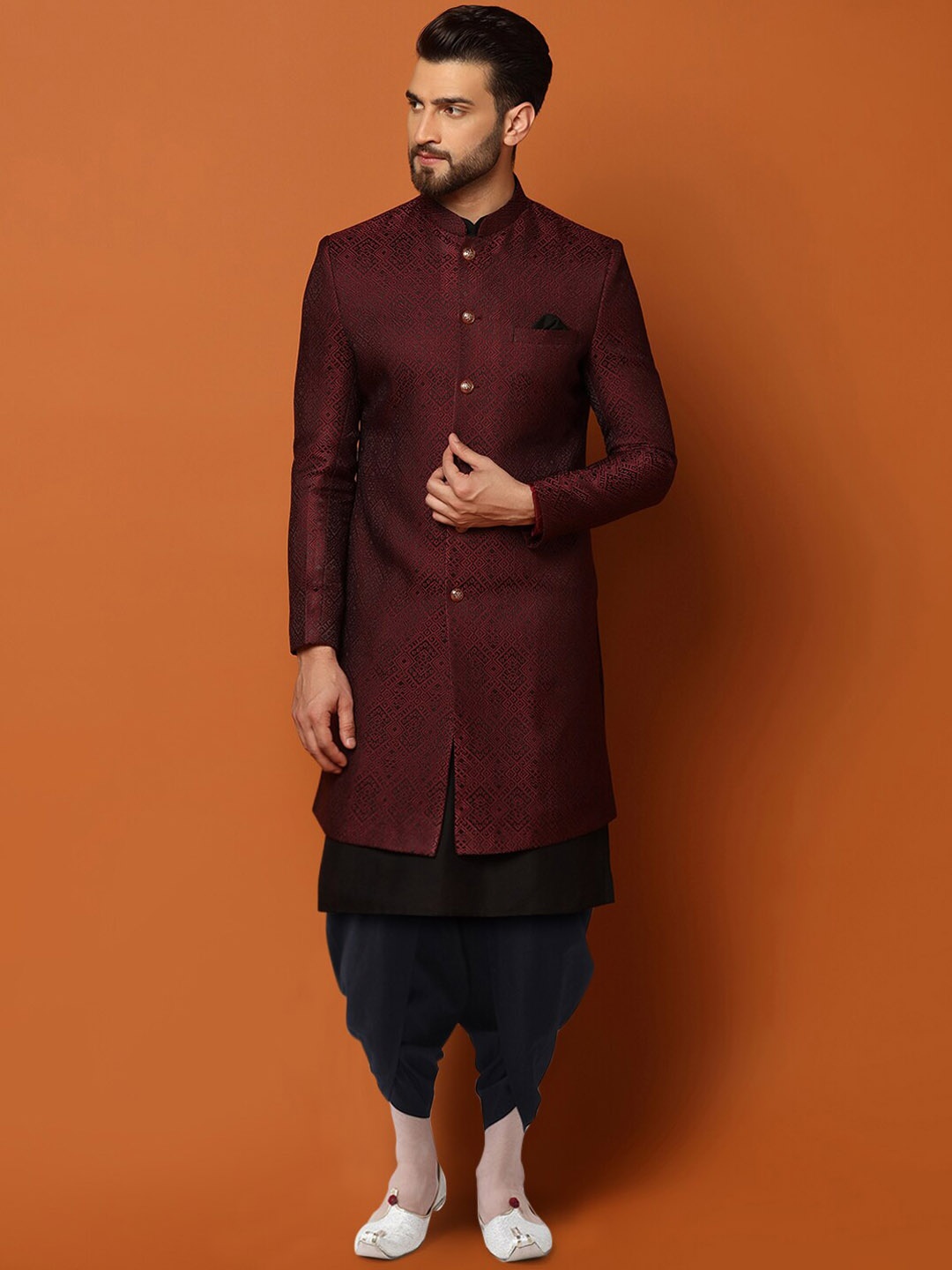 

KISAH Self Design Cotton Sherwani Dhoti Set, Maroon