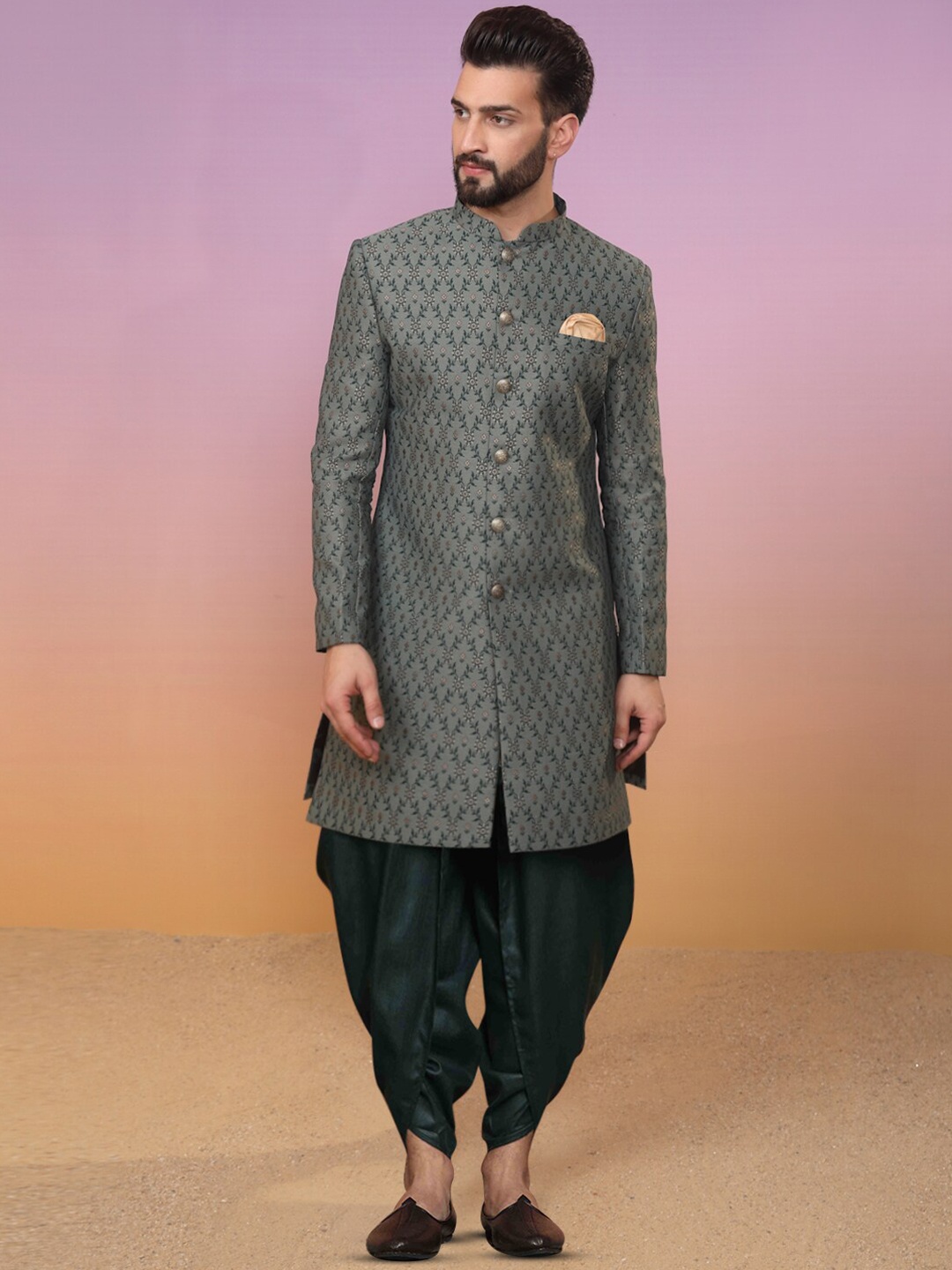 

KISAH Ethnic Motifs Woven Design Sherwani Dhoti Set, Green