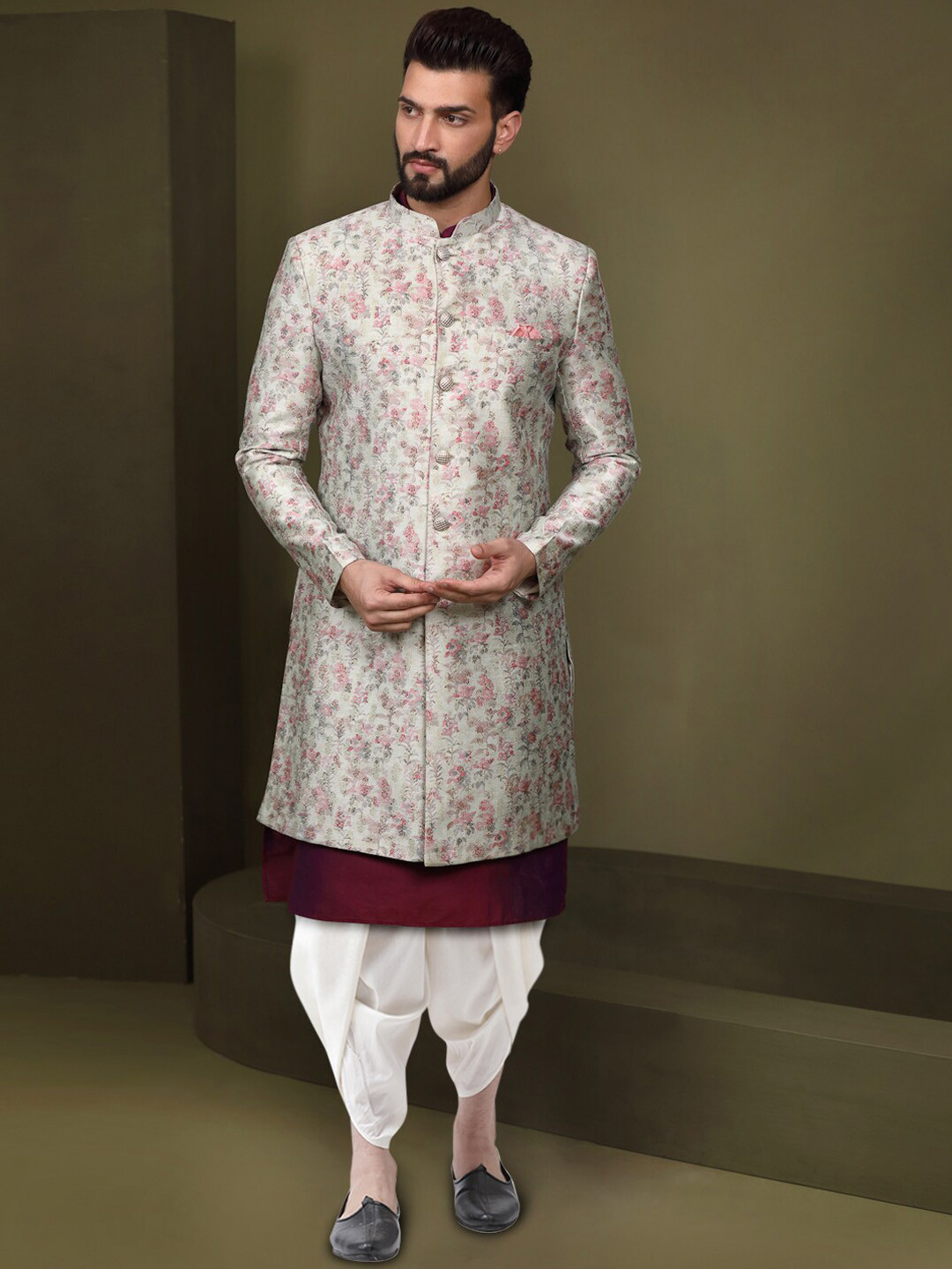 

KISAH Floral Woven Design Sherwani Dhoti Set, Grey