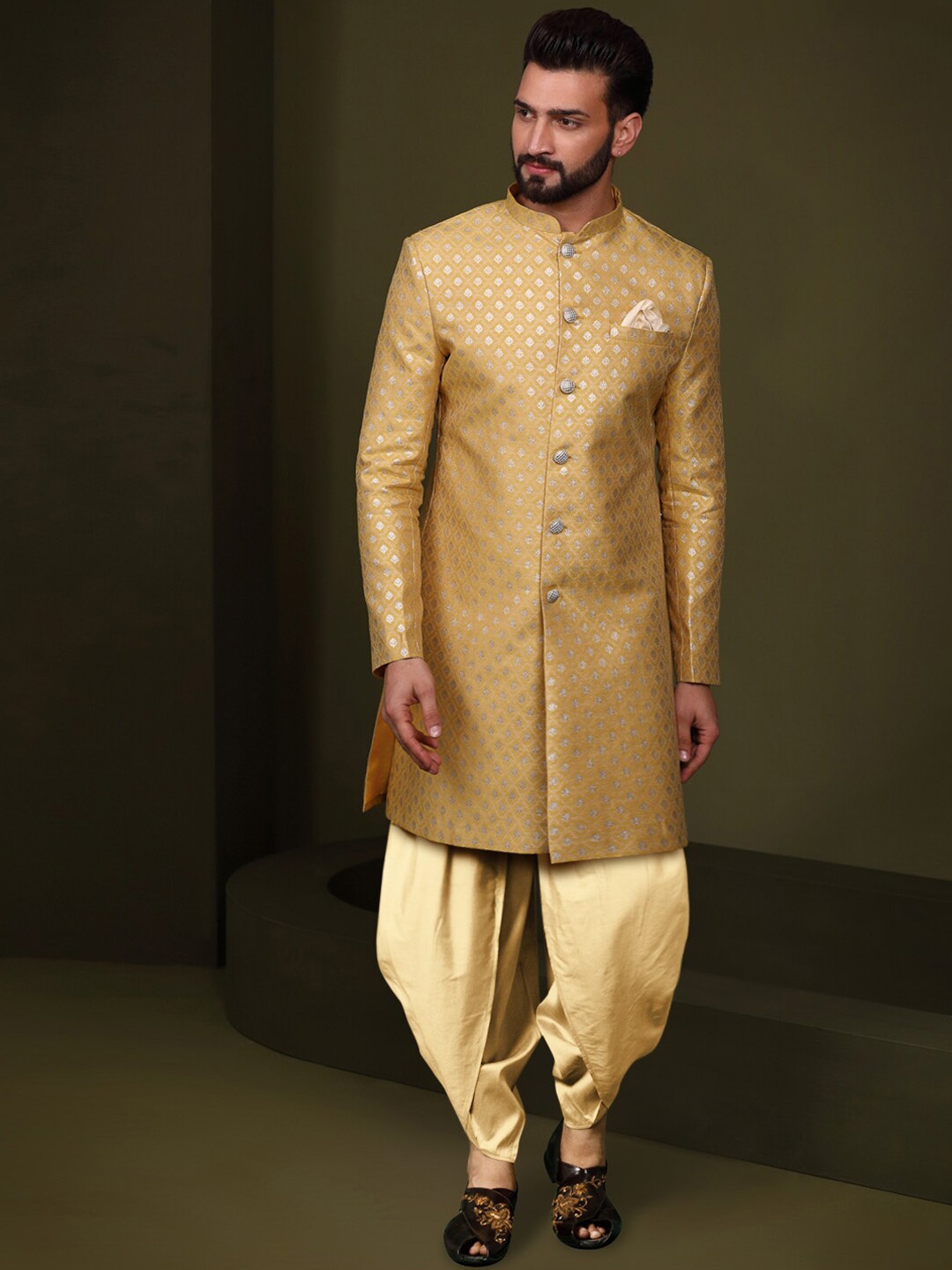 

KISAH Zari-Design Sherwani Dhoti Set, Mustard