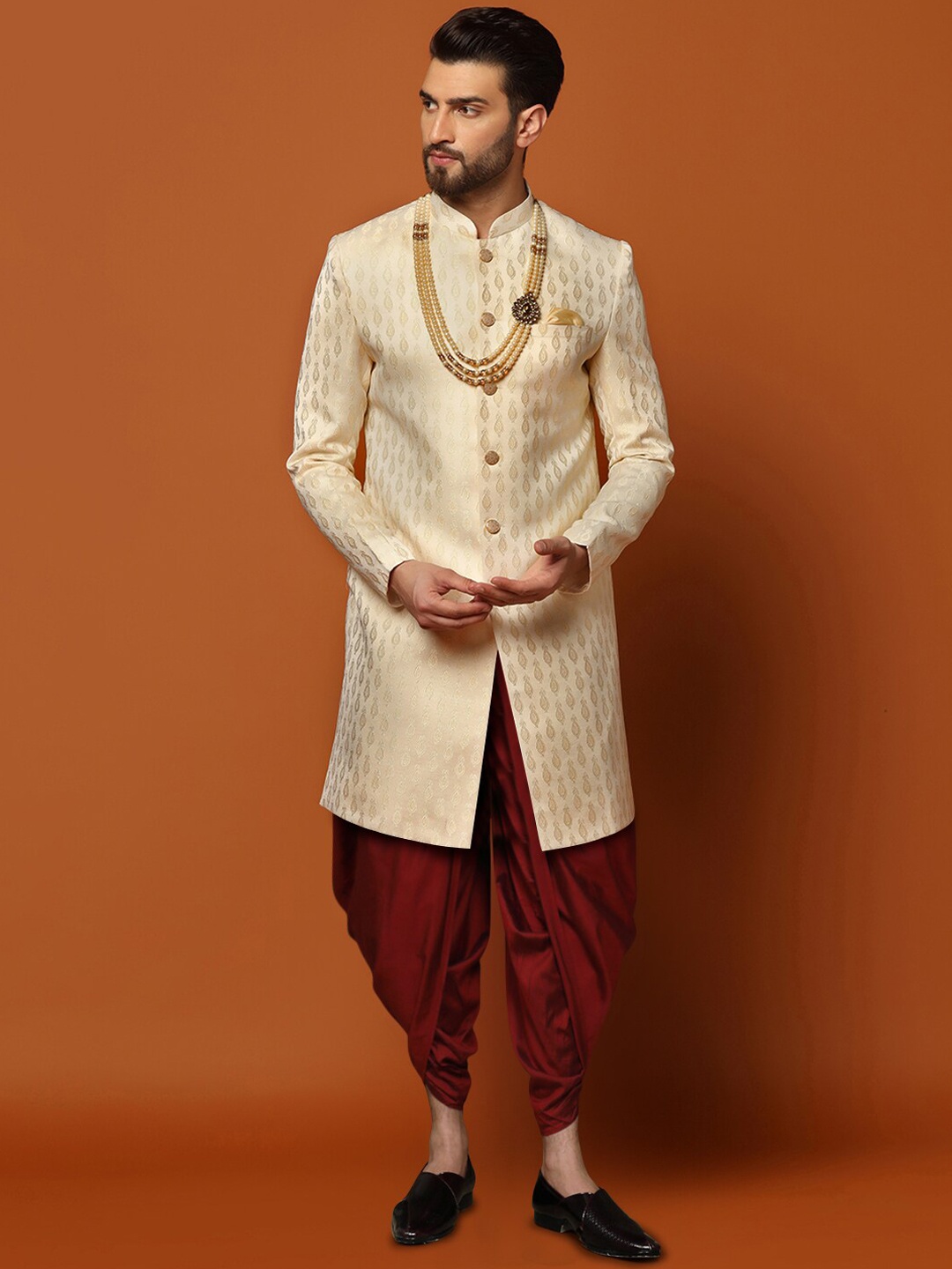 

KISAH Self-Design Cotton Sherwani Dhoti Set, Cream