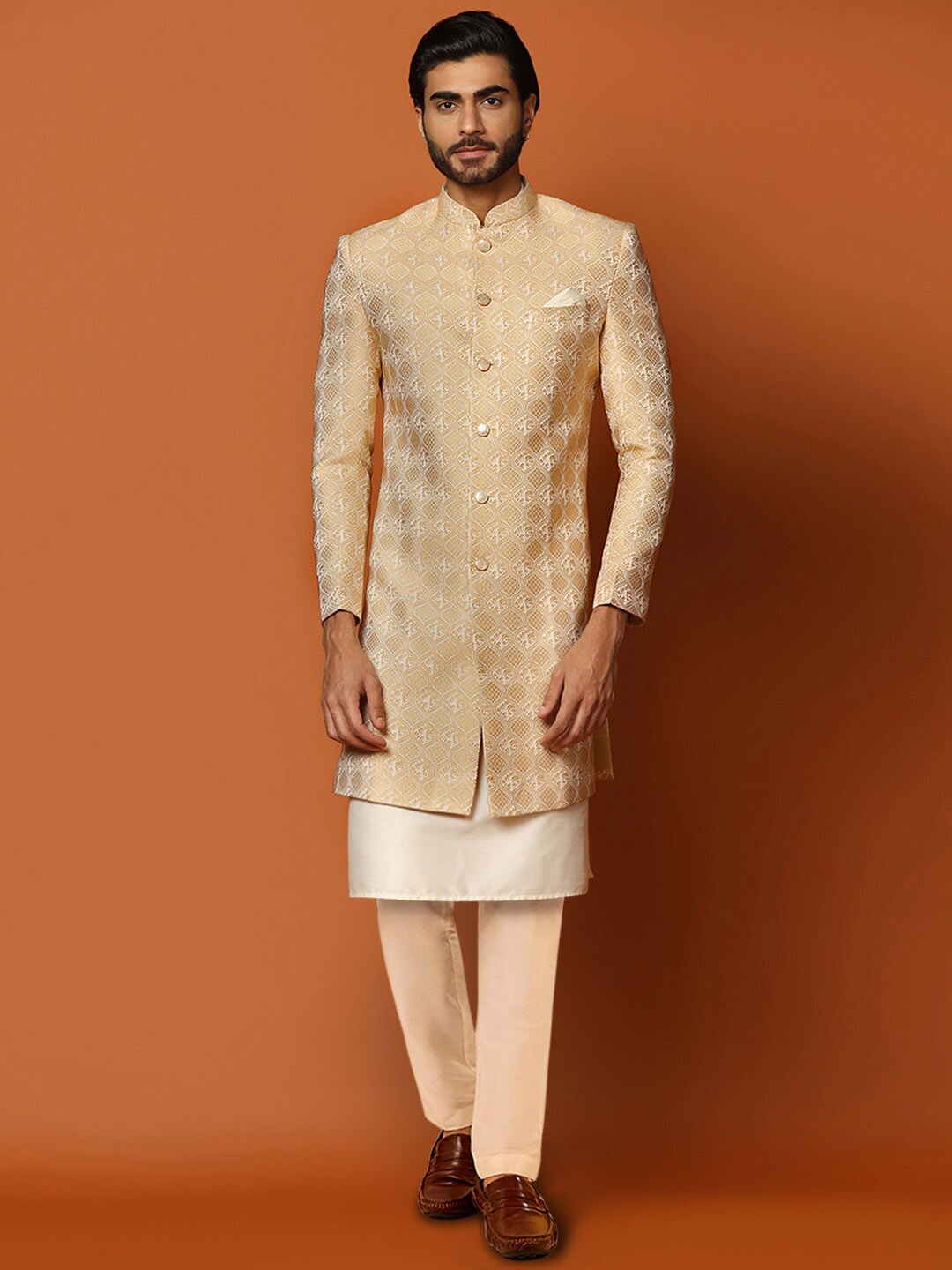 

KISAH Men Solid Kurta With Trousers & Long Woven Design Jacket Sherwani, Beige