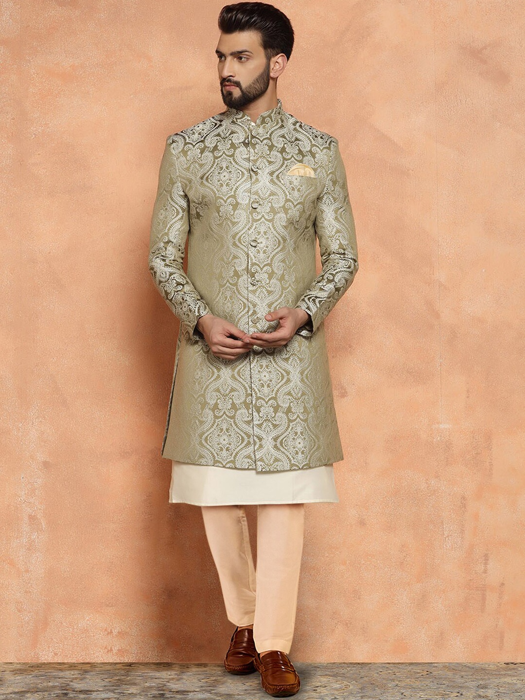 

KISAH Self Design Mandarin Collar Sherwani & Trouser, Olive