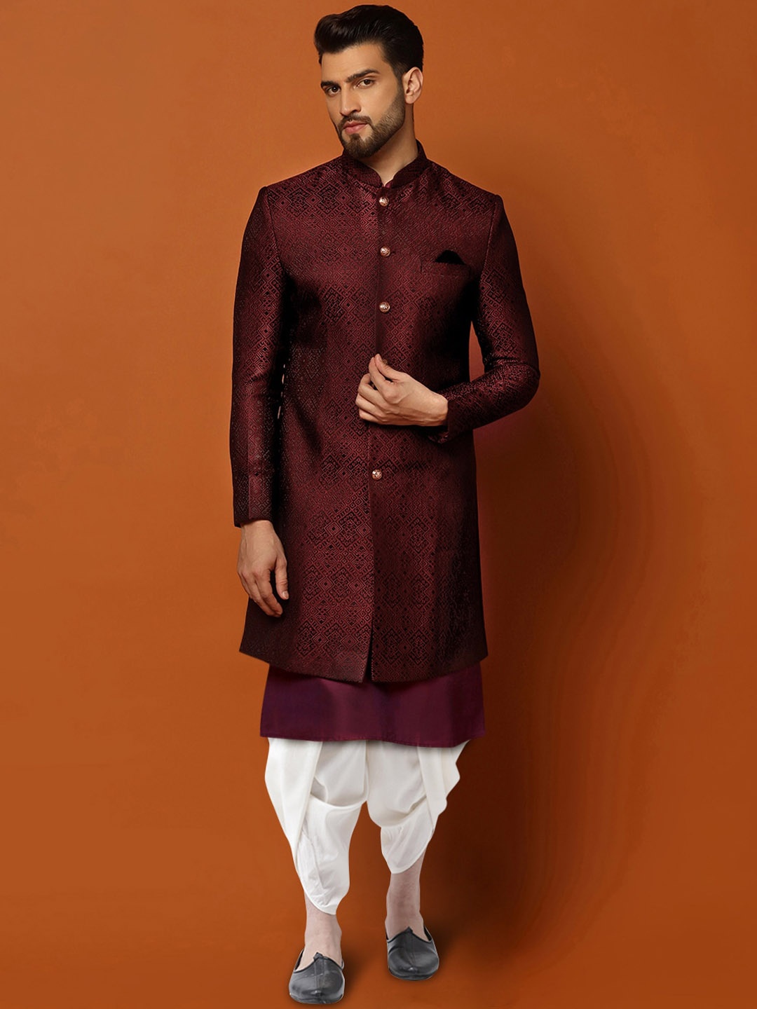 

KISAH Self Design Cotton Sherwani Dhoti Set, Maroon