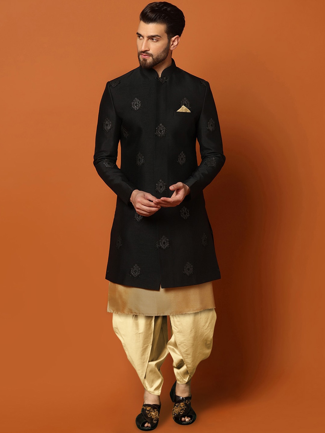 

KISAH Self-Design Mandarin Collar Sherwani Dhoti Set, Black