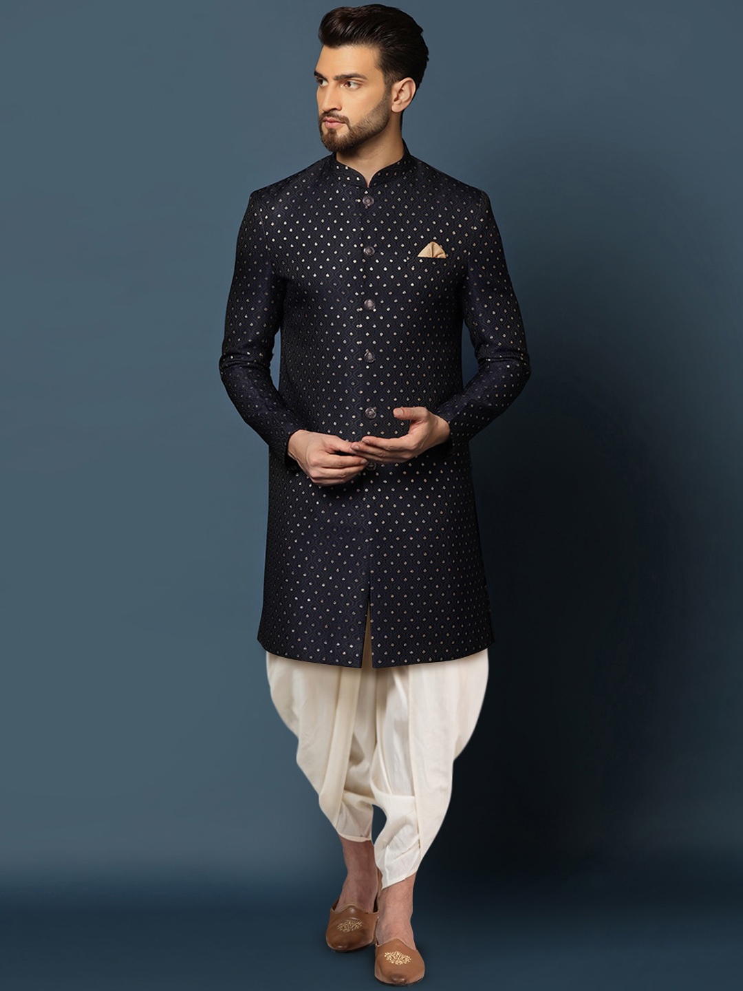 

KISAH Self-Design Cotton Sherwani Dhoti Set, Black