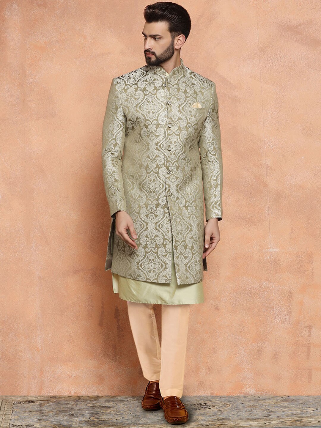 

KISAH Self-Design Sherwani Trouser Set, Olive