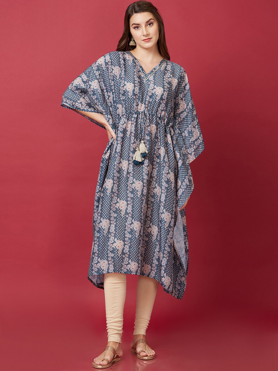 

Globus Floral Printed Sequinned Kaftan Kurta, Teal