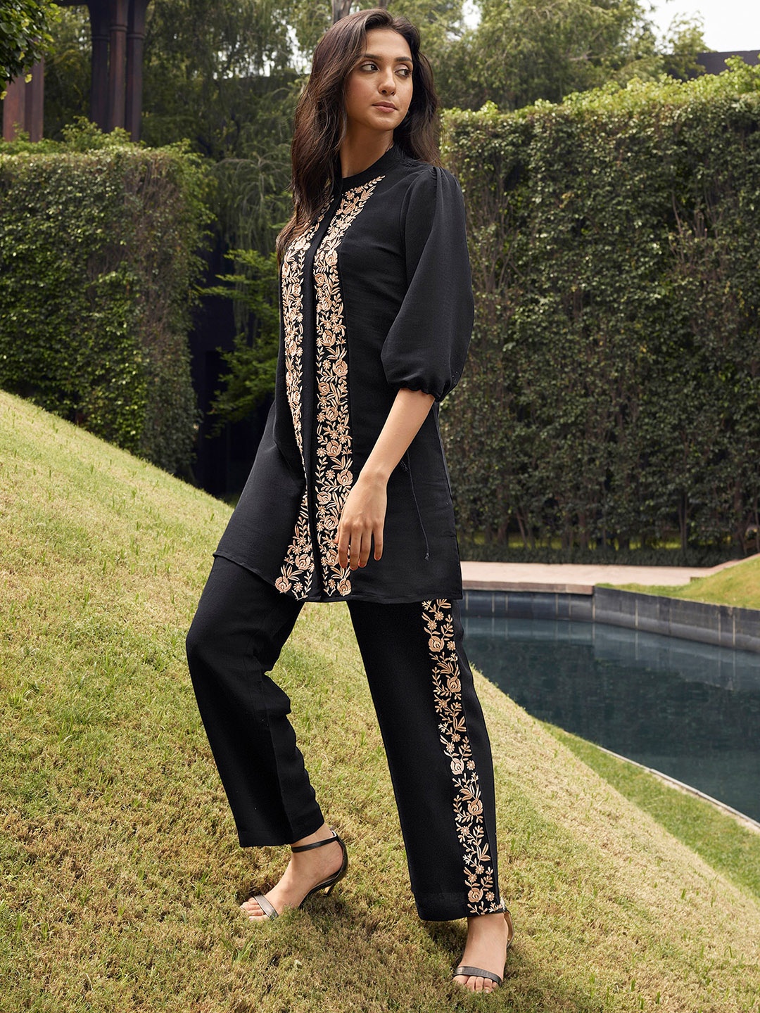 

Indo Era Embroidered Top & Trousers, Black